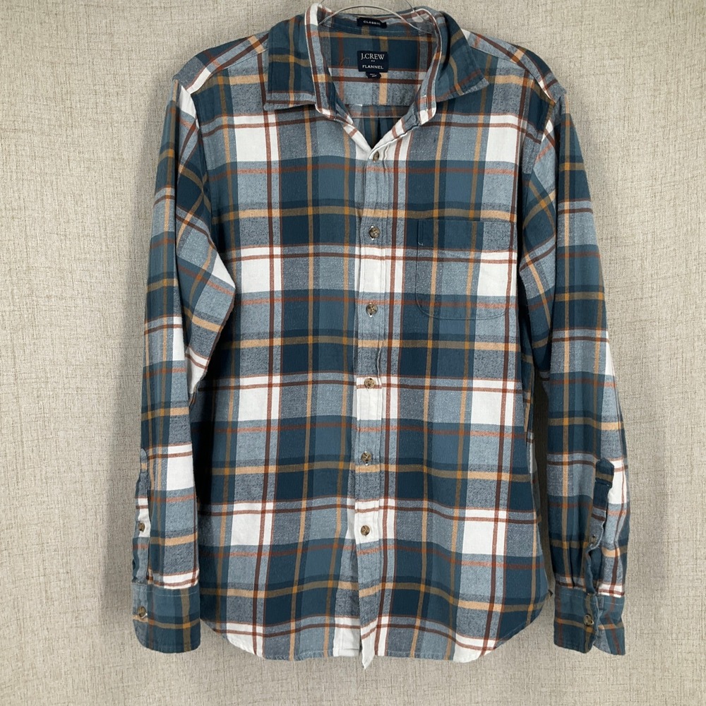 J.Crew Flannel Shirt Mens M Blue White Cotton Plaid Classic Lumberjack Timeless
